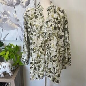 Botanical Linen Button Up Top Earthy Forest Fairy Cottage Nature Womens Size 2X